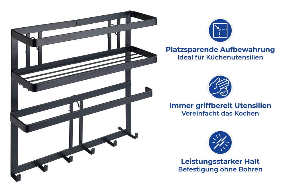 Wandregal ohne Bohren  Küchenregal mit Rollenhalter und Haken zur griffbereiten Aufbewahrung, ohne Bohren