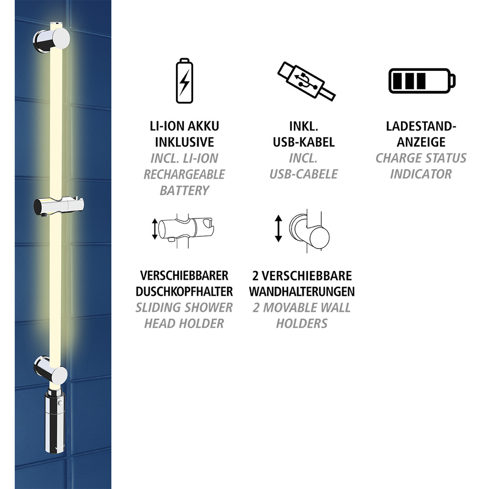 LED Duschstange, 94 cm, Warmweiß  beleuchtete Brausestange