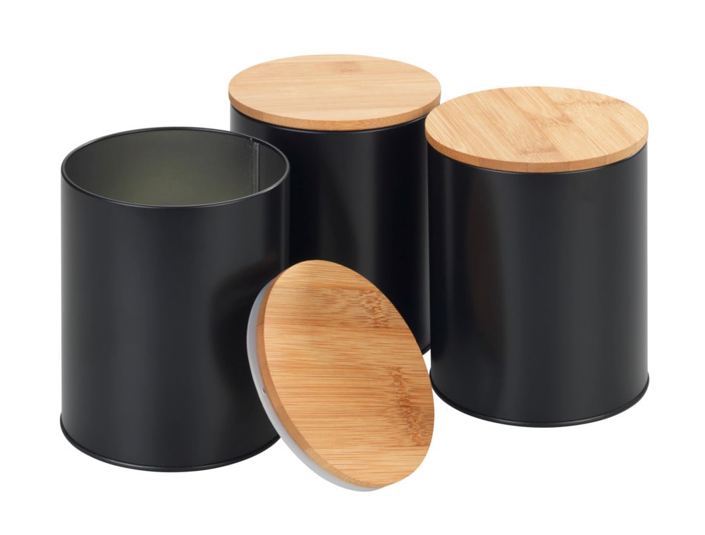 Brotkasten Set, schwarz, Metall, Bambusdeckel, 32,5x21x15 cm  inklusive 3 Aufbewahrungsdosen