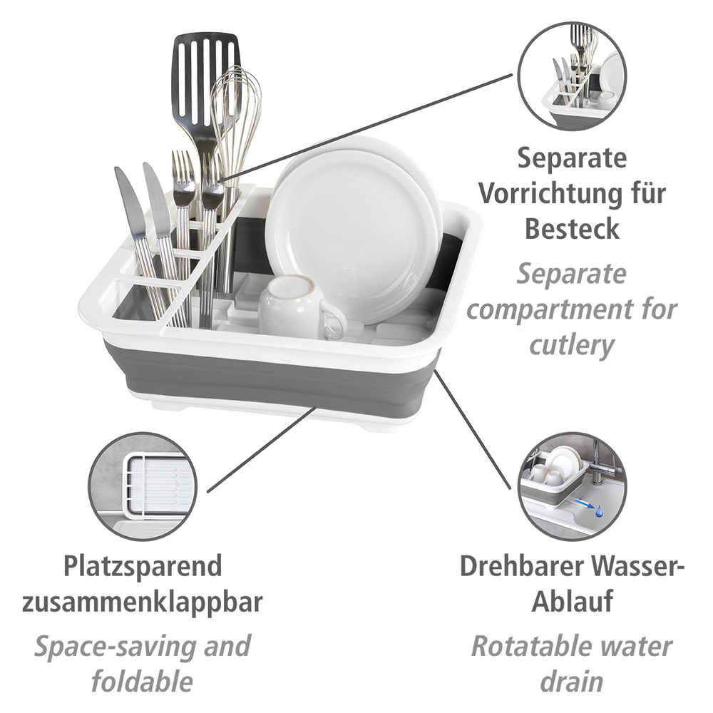 Geschirrabtropfer Mod. Gaia faltbar Grau/Weiß  mit Besteck-Halter und Tellerständer