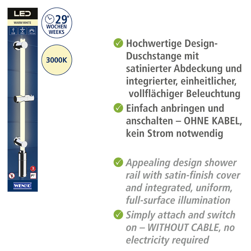 Duschstange mit beleuchteter LED, Duschhalterung, Brausestange, Duschstangenhalterung, in Warm-Weiß 74cm  beleuchtete Brausestange