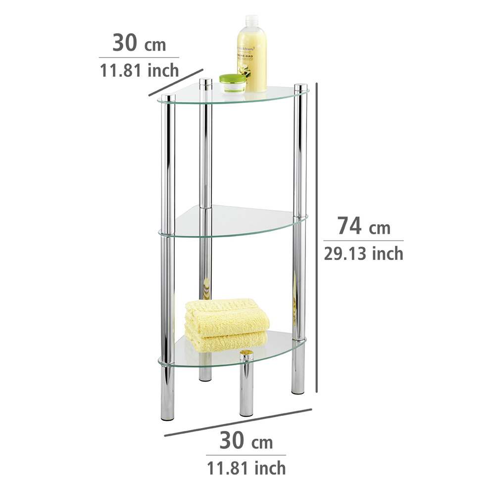 Eckregal Mod. Yago mit 3 Glasablagen  aus Edelstahl und Sicherheitsglas