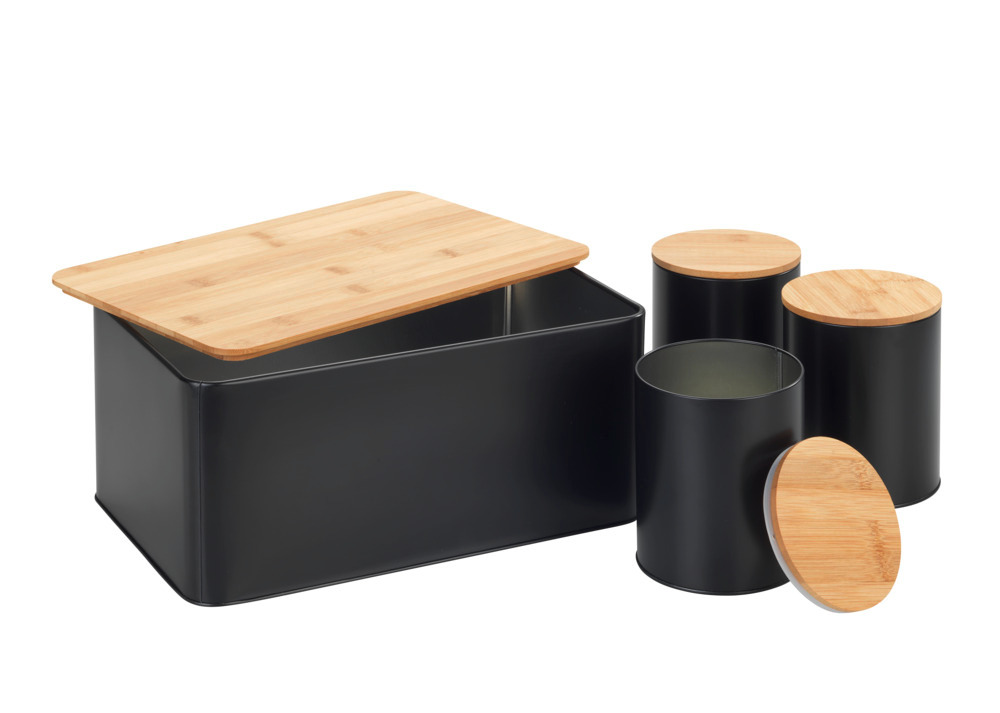 Brotkasten Set, schwarz, Metall, Bambusdeckel, 32,5x21x15 cm  inklusive 3 Aufbewahrungsdosen