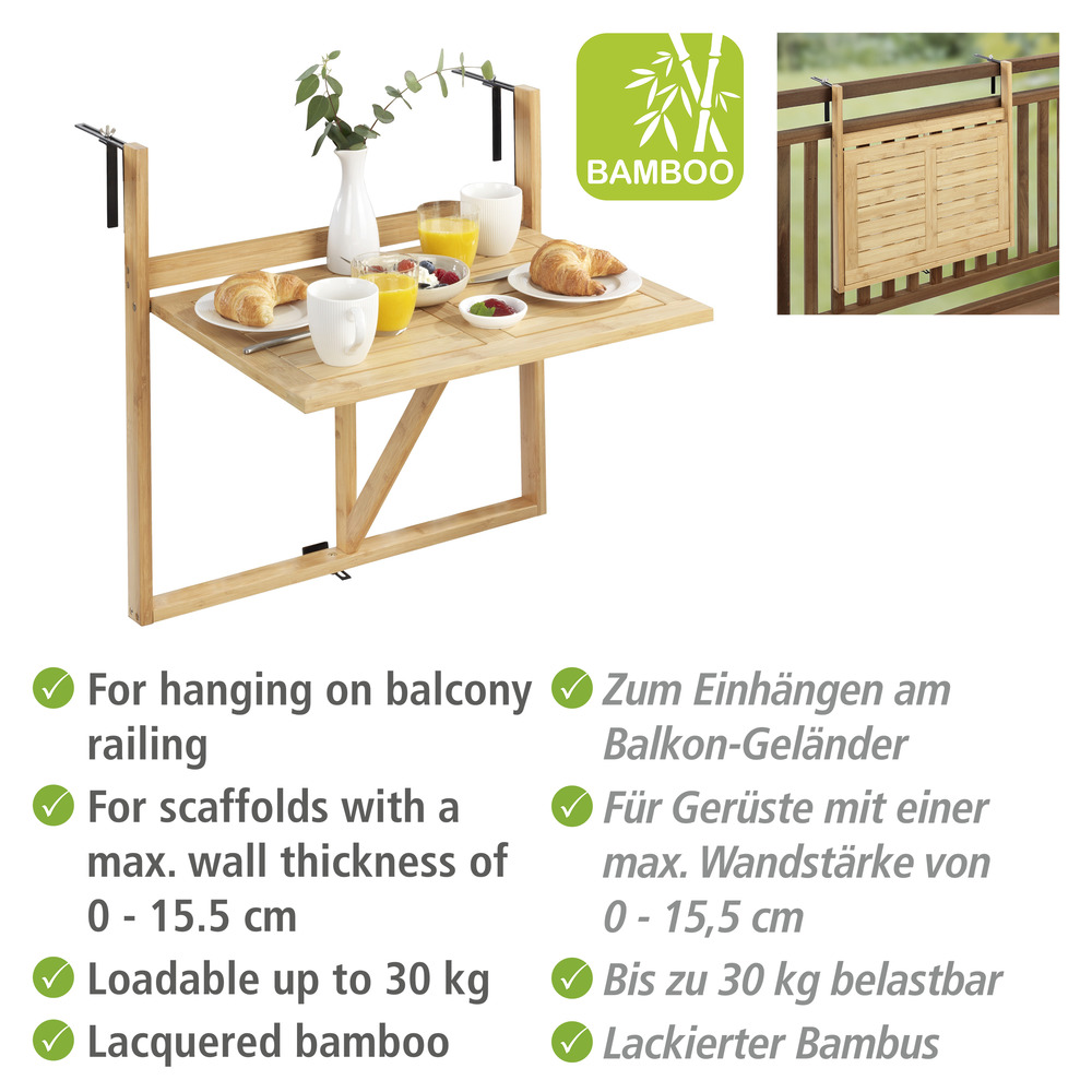 Bambus Balkon-Klapptisch Mod. Waikiki  zum Einhängen an Balkongeländer