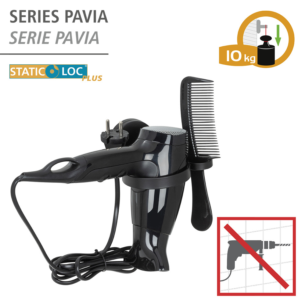 Static-Loc® Plus Haartrocknerhalter Mod. Pavia Schwarz  Föhnhalter, Befestigen ohne bohren