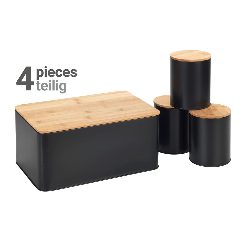 Brotkasten Set, schwarz, Metall, Bambusdeckel, 32,5x21x15 cm  inklusive 3 Aufbewahrungsdosen