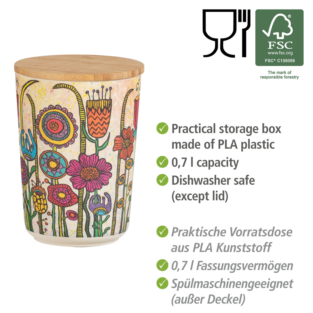 Aufbewahrungsdose PLA Mod. Flowers 0,7 L  Bambusdeckel mit Silikonring zur luftdichten Aufbewahrung 