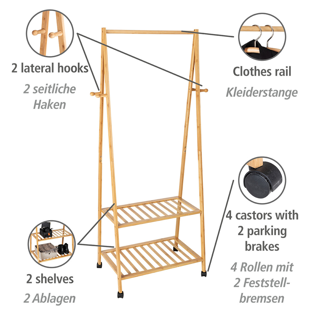 Bambus Kleiderständer Mod. Honolulu  Mit vier Rollen zum leichten Fortbewegen
