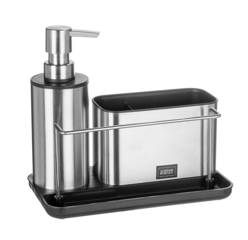 Spülorganizer Mod. SHIRLEY, silber/schwarz, Edelstahl, 21x18,5x11,5 cm mit Spülmittelspender aus Edelstahl Spülorganizer Mod. SHIRLEY, silber/schwarz, Edelstahl, 21x18,5x11,5 cm mit Spülmittelspender aus Edelstahl