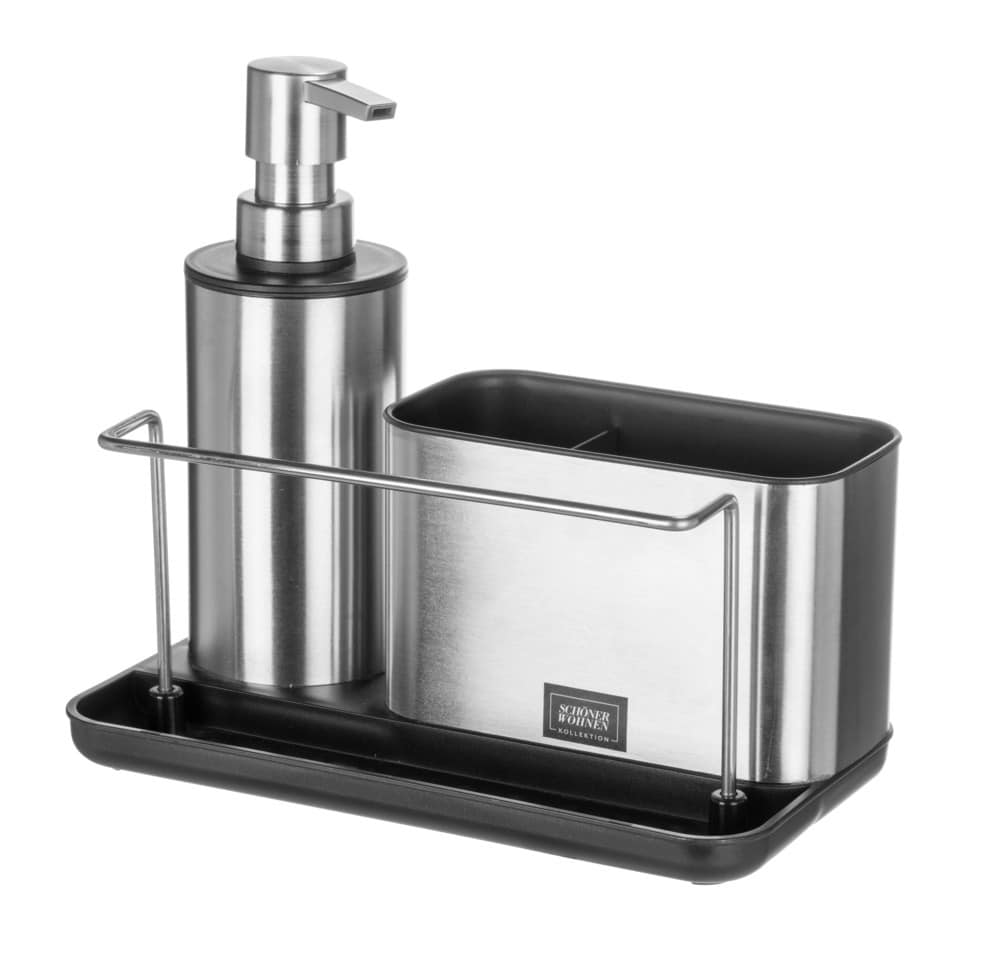 Spülorganizer Mod. SHIRLEY, silber/schwarz, Edelstahl, 21x18,5x11,5 cm mit Spülmittelspender aus Edelstahl Spülorganizer Mod. SHIRLEY, silber/schwarz, Edelstahl, 21x18,5x11,5 cm mit Spülmittelspender aus Edelstahl