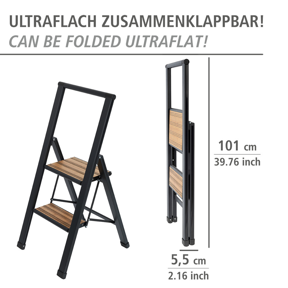 Alu-Design Klapptrittleiter 2-stufig Schwarz  rutschsichere XXL-Stufen