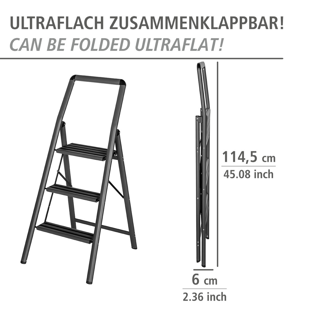 Alu-Klapptrittleiter Compact 3-stufig Dunkelgrau  leichte & rutschfeste Haushaltsleiter, Sicherheits-Stehleiter