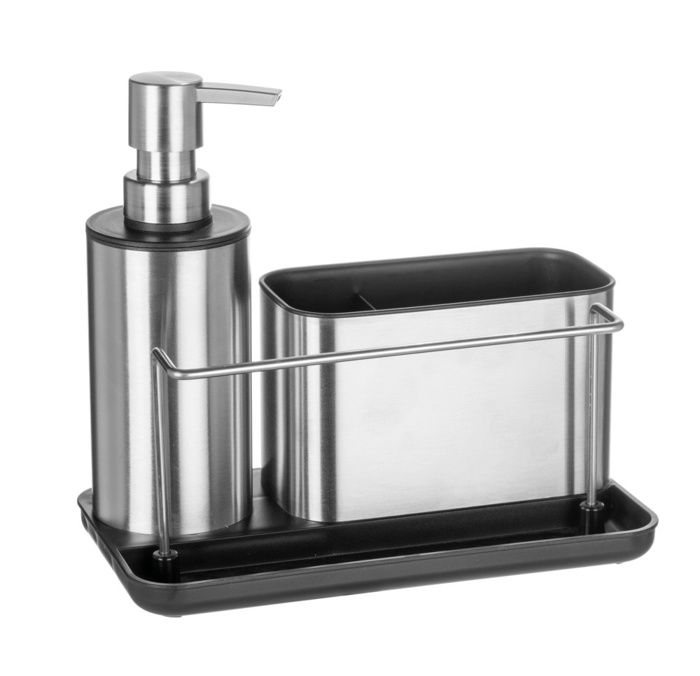 Spülorganizer Mod. SHIRLEY, silber/schwarz, Edelstahl, 21x18,5x11,5 cm mit Spülmittelspender aus Edelstahl Spülorganizer Mod. SHIRLEY, silber/schwarz, Edelstahl, 21x18,5x11,5 cm mit Spülmittelspender aus Edelstahl