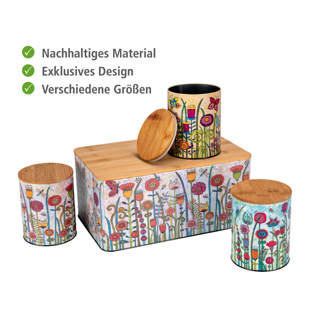 3er-Set Vorratsdose Mod. Garden inkl. Brotkasten aus Metall  mit exklusivem Design und luftdichtem Deckel