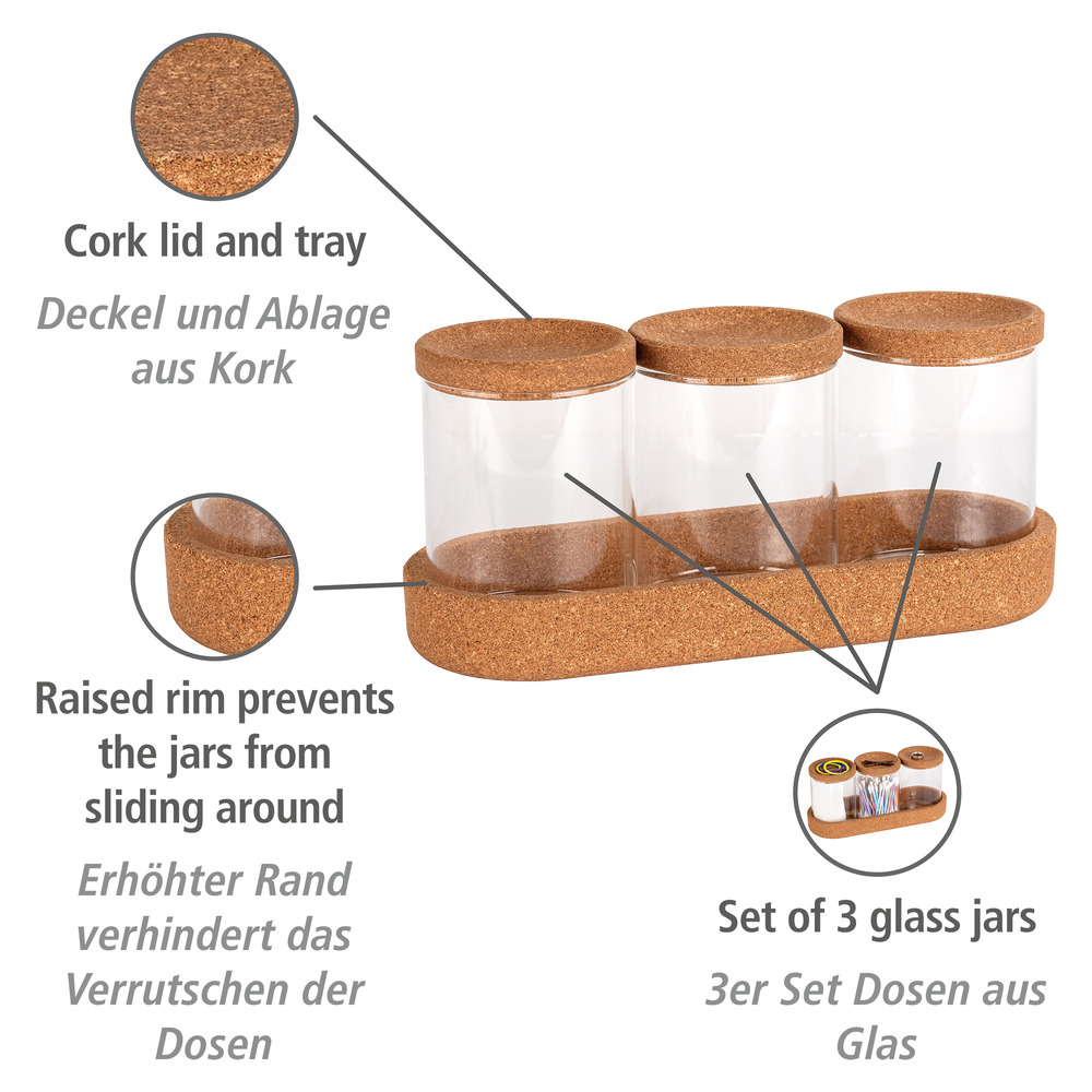 Aufbewahrungsdosen Mod. Apiro 3er Set  Deckel und Ablage aus Kork