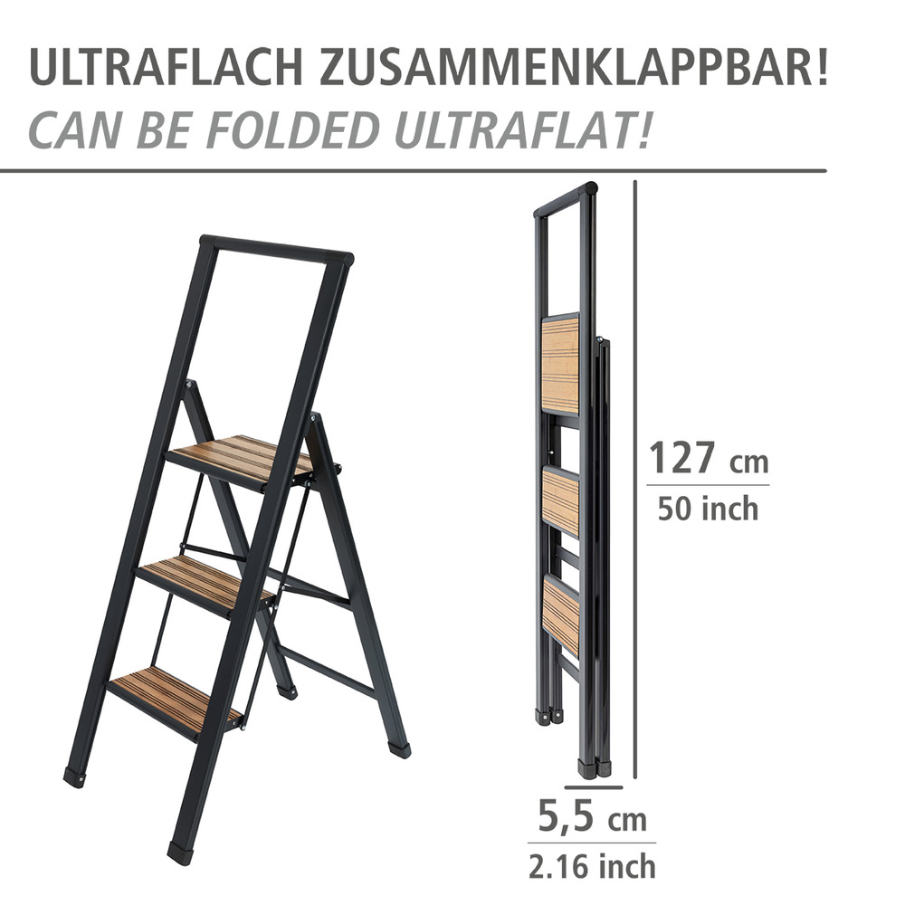 Alu-Design Klapptrittleiter 3-stufig Schwarz  rutschsichere XXL-Stufen