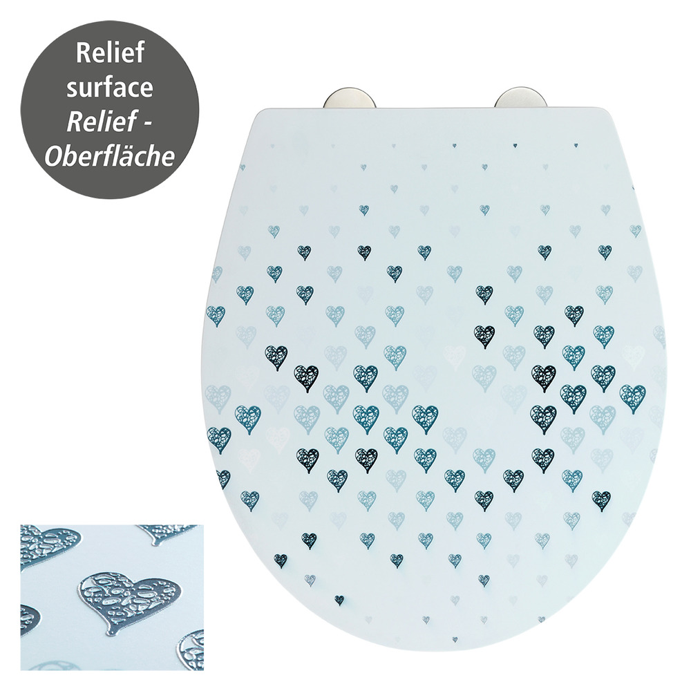 WC-Sitz Cuore mit Relief-Oberfläche  Antibakterieller Toiletten-Sitz aus Duroplast mit Absenkautomatik, rostfreie Fix-Clip Hygiene Edelstahlbefestigung