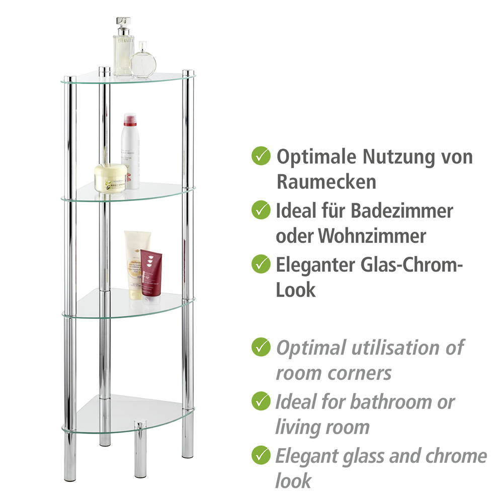 Eckregal Mod. Yago mit 4 Glasablagen  aus Edelstahl und Sicherheitsglas