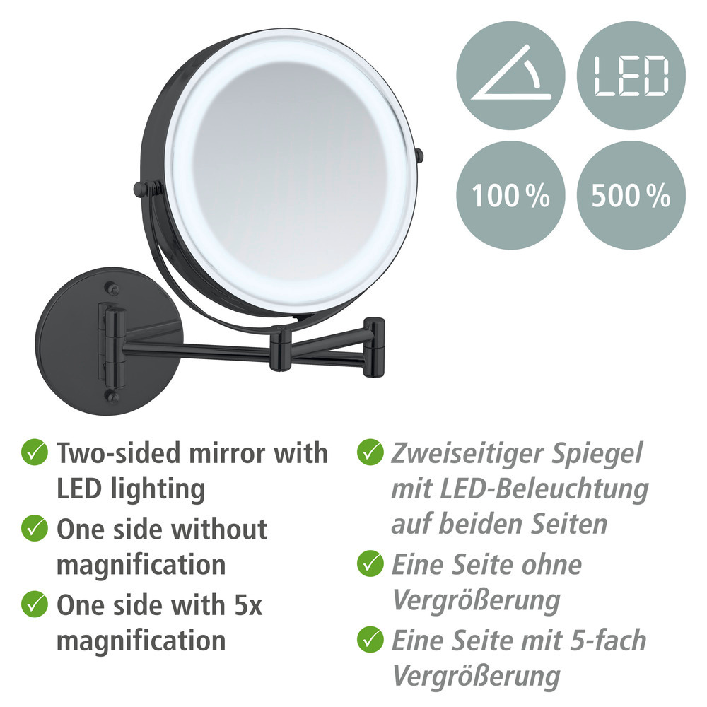 Power-Loc® LED Wandspiegel Mod. Lumi Schwarz  mit 5-fach Vergrößerung